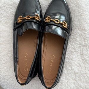 Chic Black Loafers with Gold Chain Detail